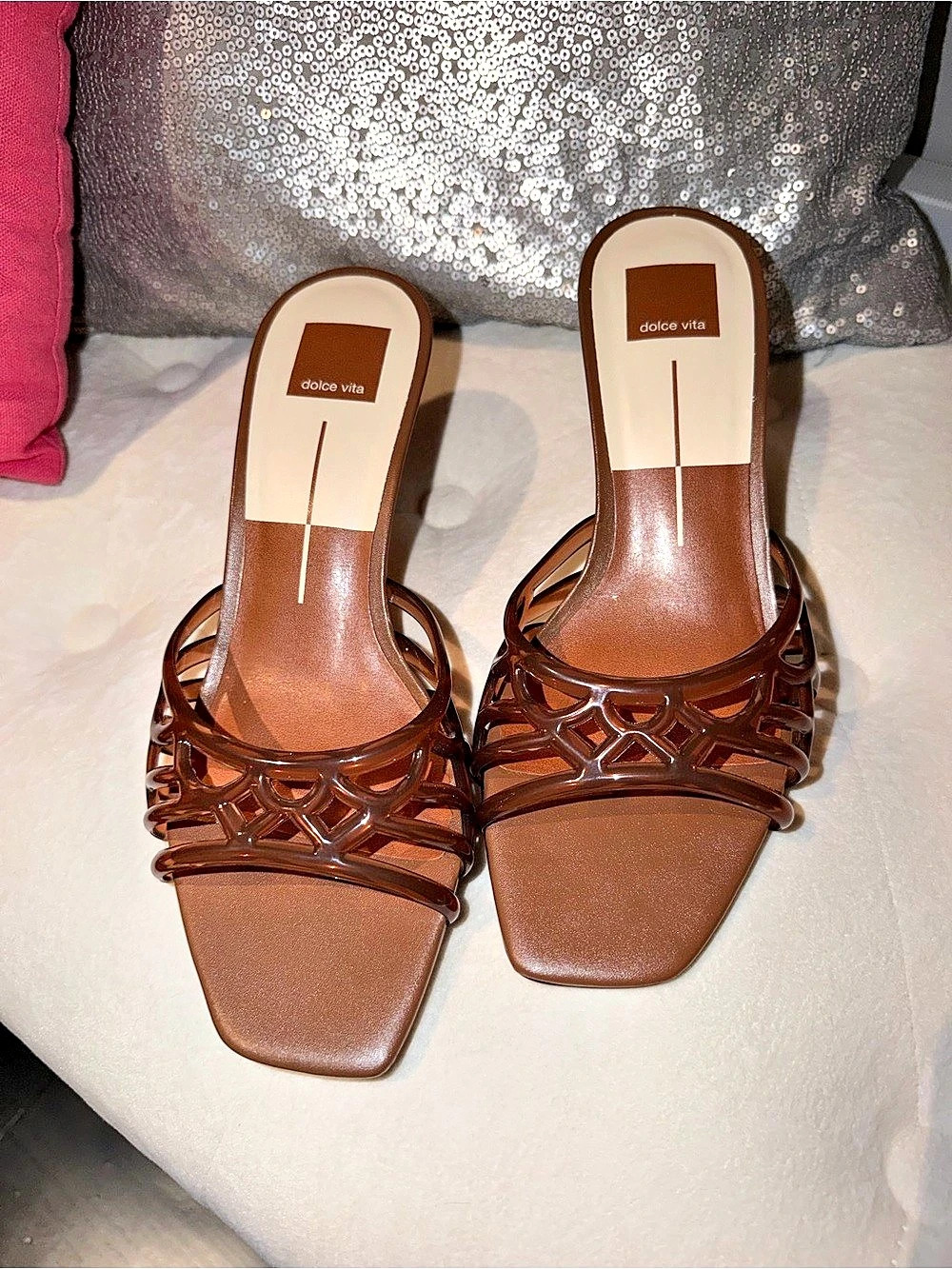 dolce vita Brevel Vinyl Heels - Brown Cutout Mule Heels
